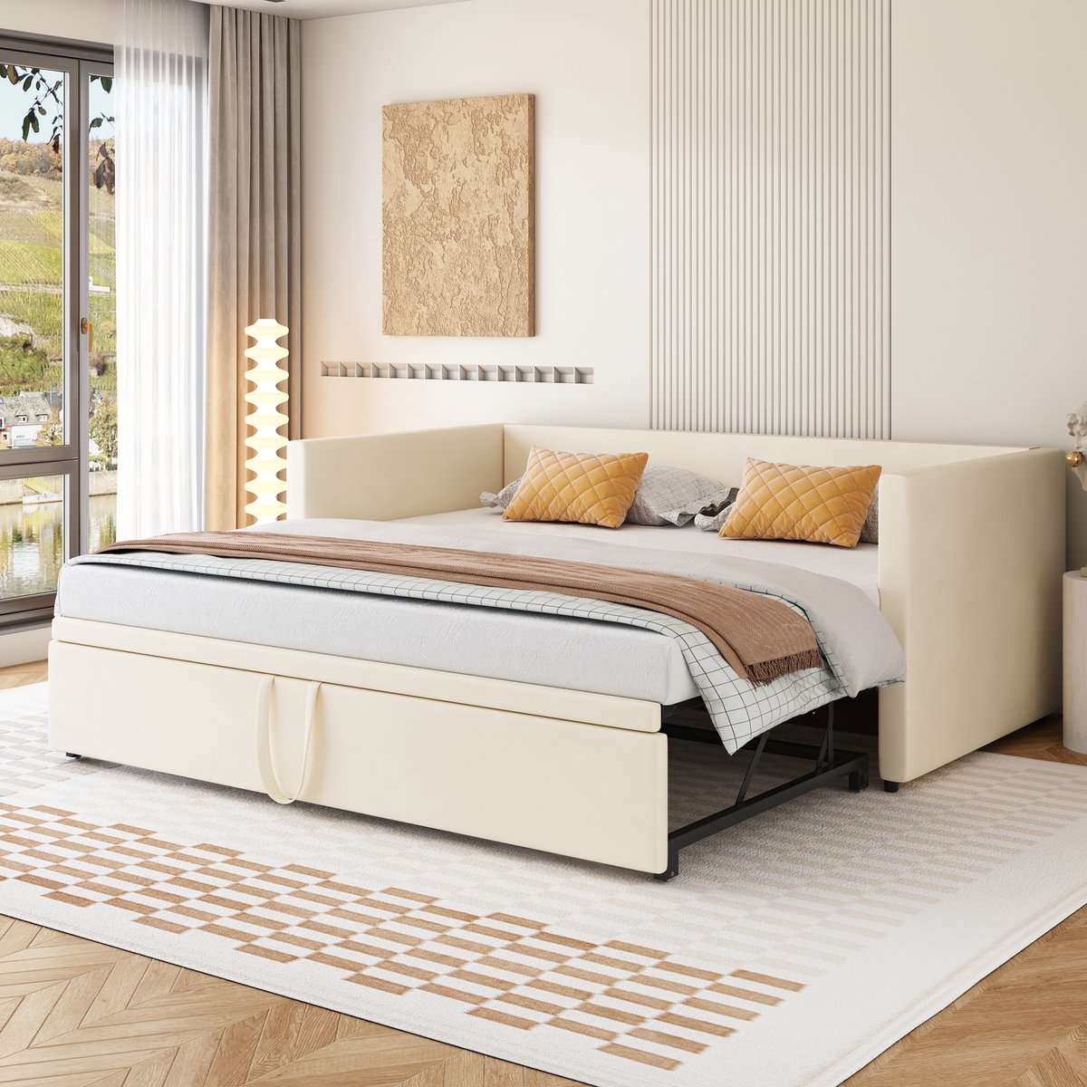 STILVORA Logeerbed 90/180x200 cm - Praktisch Tweepersoons Uitklapbed - Gewatteerd Bed - Fluweel - Beige
