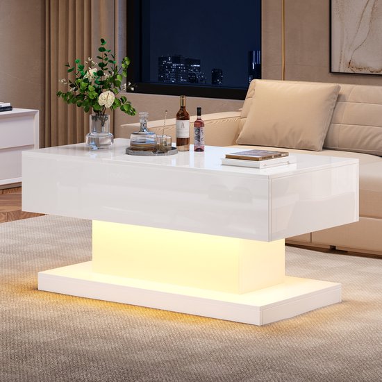Multifunctionele Salontafel, Geometrisch Design, Met Plank En 4 Vakken Mdf Wit En Natuurlijk Hout 75 5x75 5x38 Cm