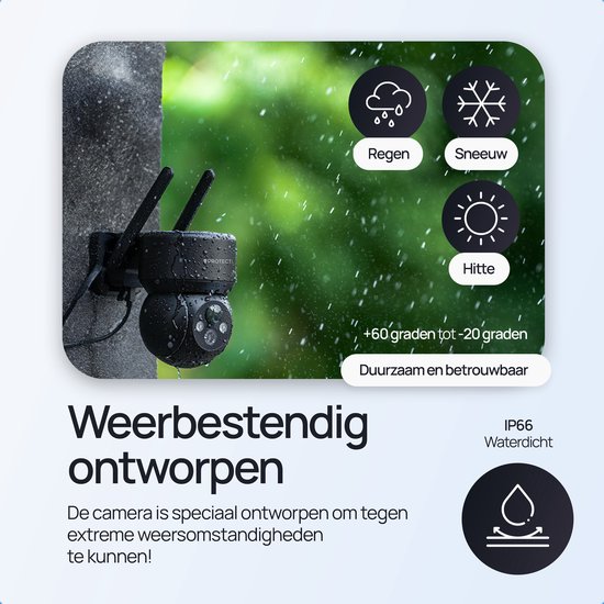 Zwarte Protectly beveiligingscamera voor alle weersomstandigheden, bestand tegen regen, sneeuw en hitte.