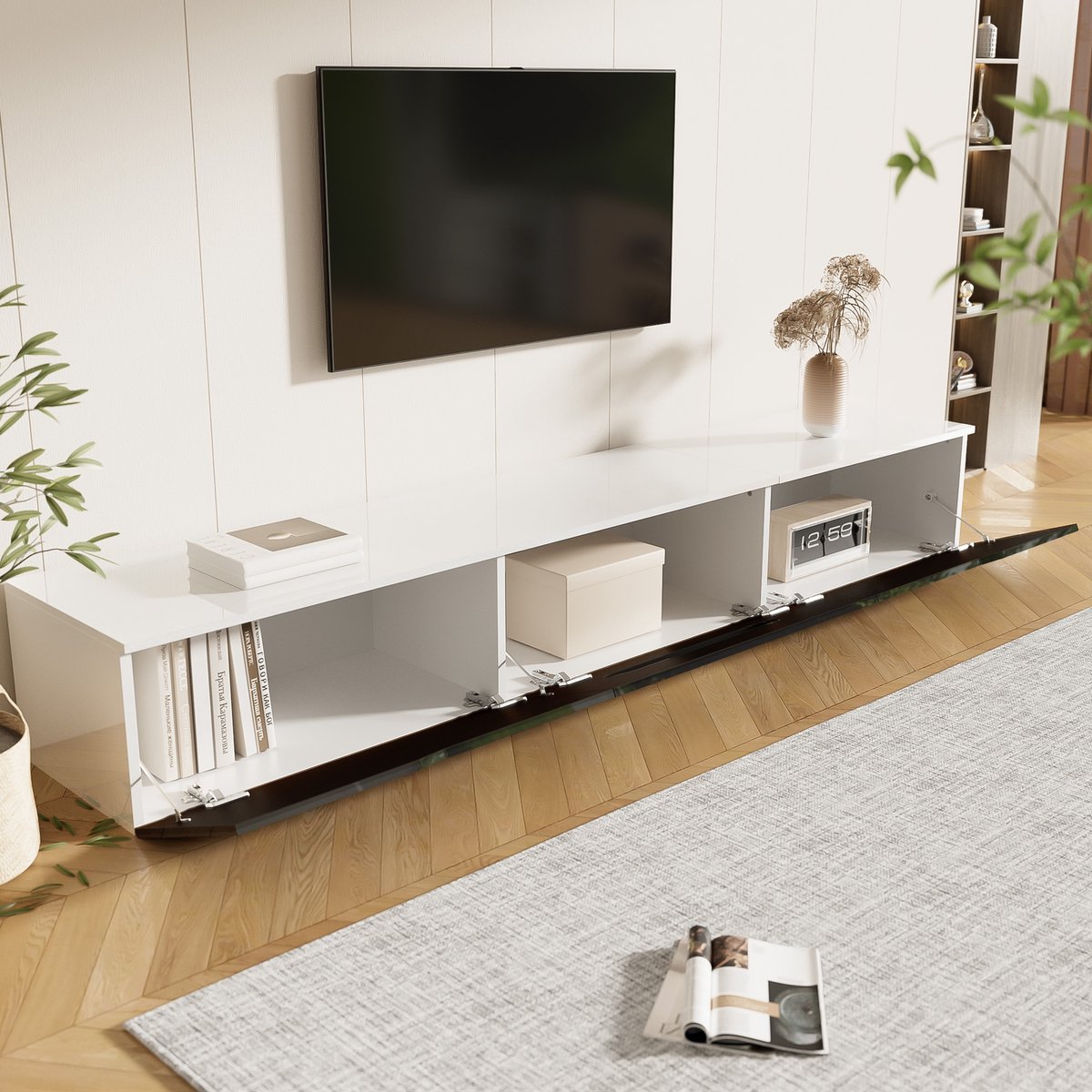 OKWISH TV-kasten 180x35x30 cm - TV meubel Met LED - Hoogglans Oppervlak - Praktische Opbergruimte - Rechthoekig - TV Meubels - MDF - Wit