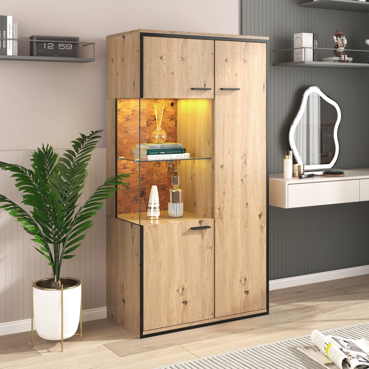 OKWISH Vitrines 78x40x150 cm - Vitrine Met Glazen Deuren En LED-Verlichting - Moderne Presentatie - Spaanplaat - Natuurlijk