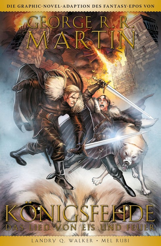 Stripboek cover met twee mannen en een wolf die vechten met zwaarden. George R.R. Martin, Königsfehde, Das Lied von Eis und Feuer.