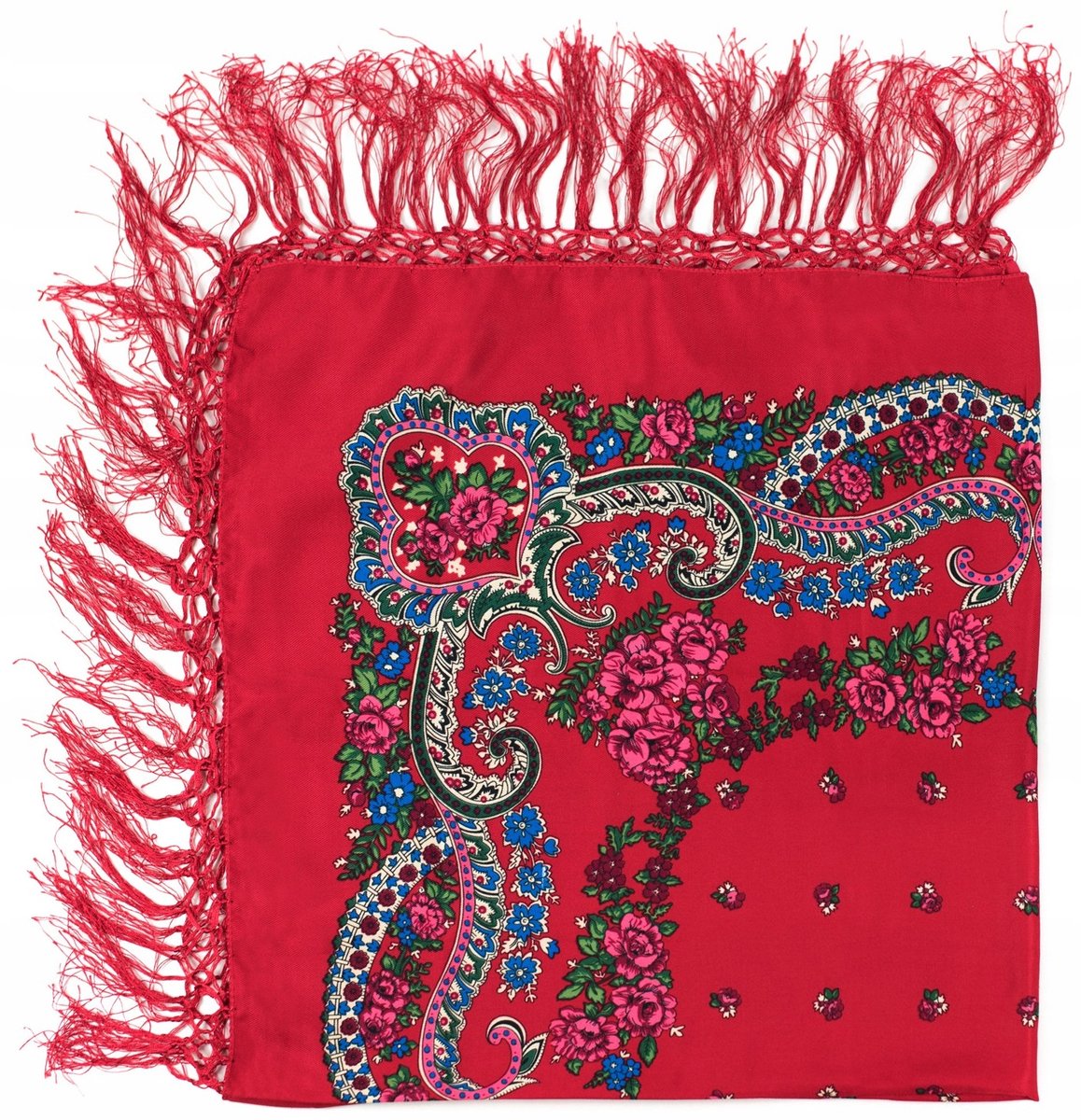 Damessjaal met franjes, rood, etnisch, ludowy design