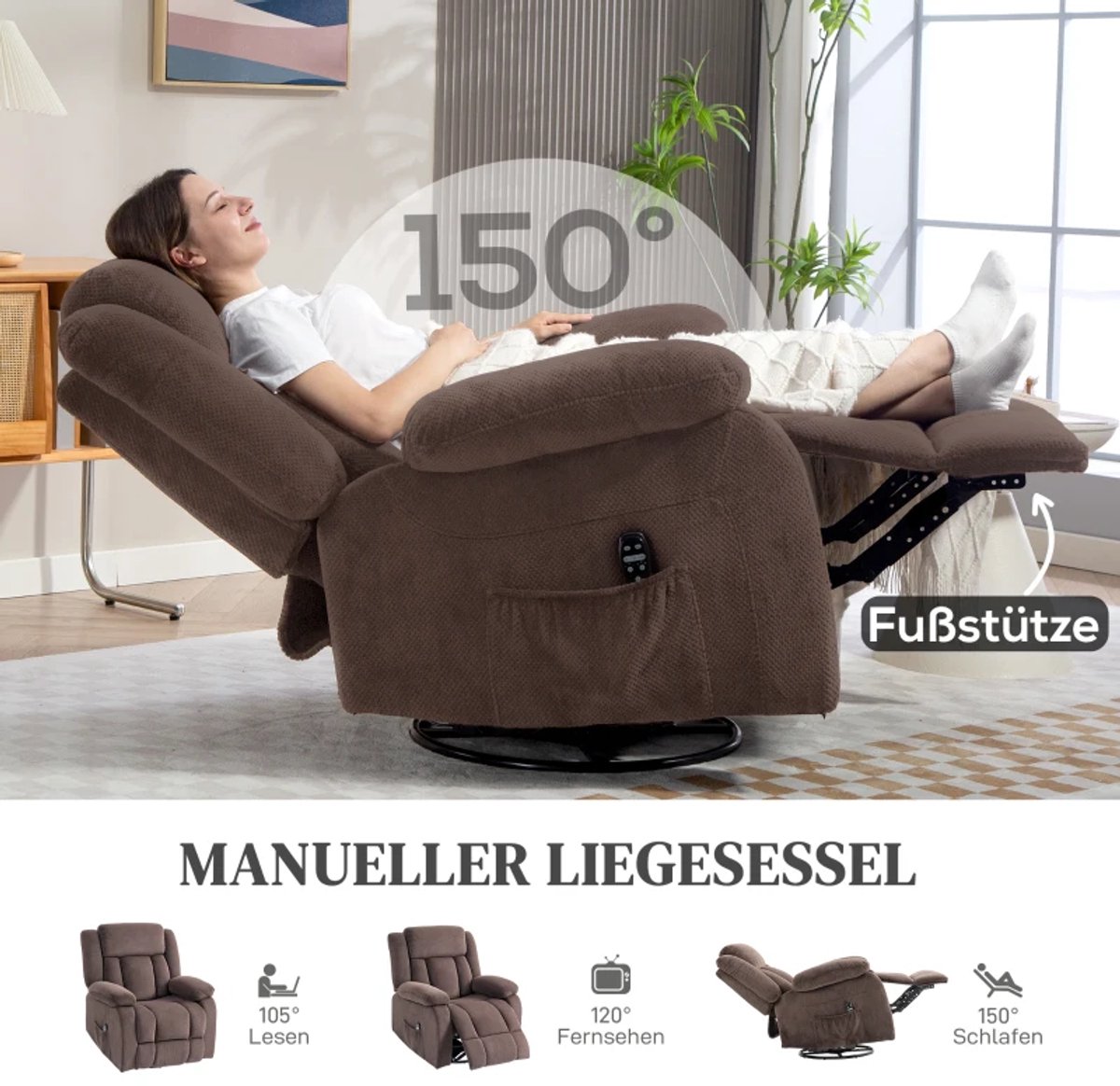 Elektrische Massagestoel - Power Massagefauteuil - 5 Massagestanden - 150 Graden Kantelbaar - Draaibaar - met Massage & Verwarming - met Afstandsbediening - Relaxfauteuil - TV Stoel - Bruin – foto 2