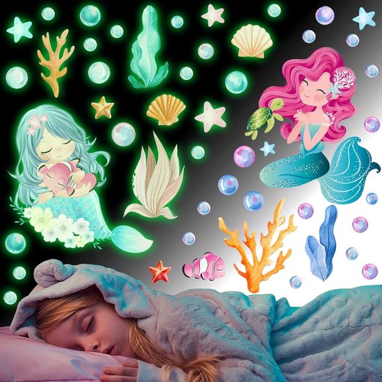 Stickers muraux phosphorescents pour chambres d'enfants, Glow mural monde sous-marin Décoration de mer fluorescente, Autocollants princesse sirène amovibles pour chambres et crèches de Filles