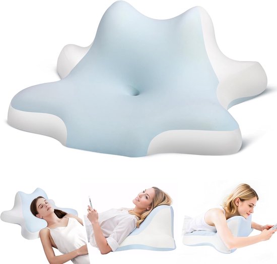 Leeskussen voor liggend, leunend en liggend, contour traagschuimkussen, ergonomisch nekkussen voor verlichting van nek- en schouderpijn, bedwigkussen blauw