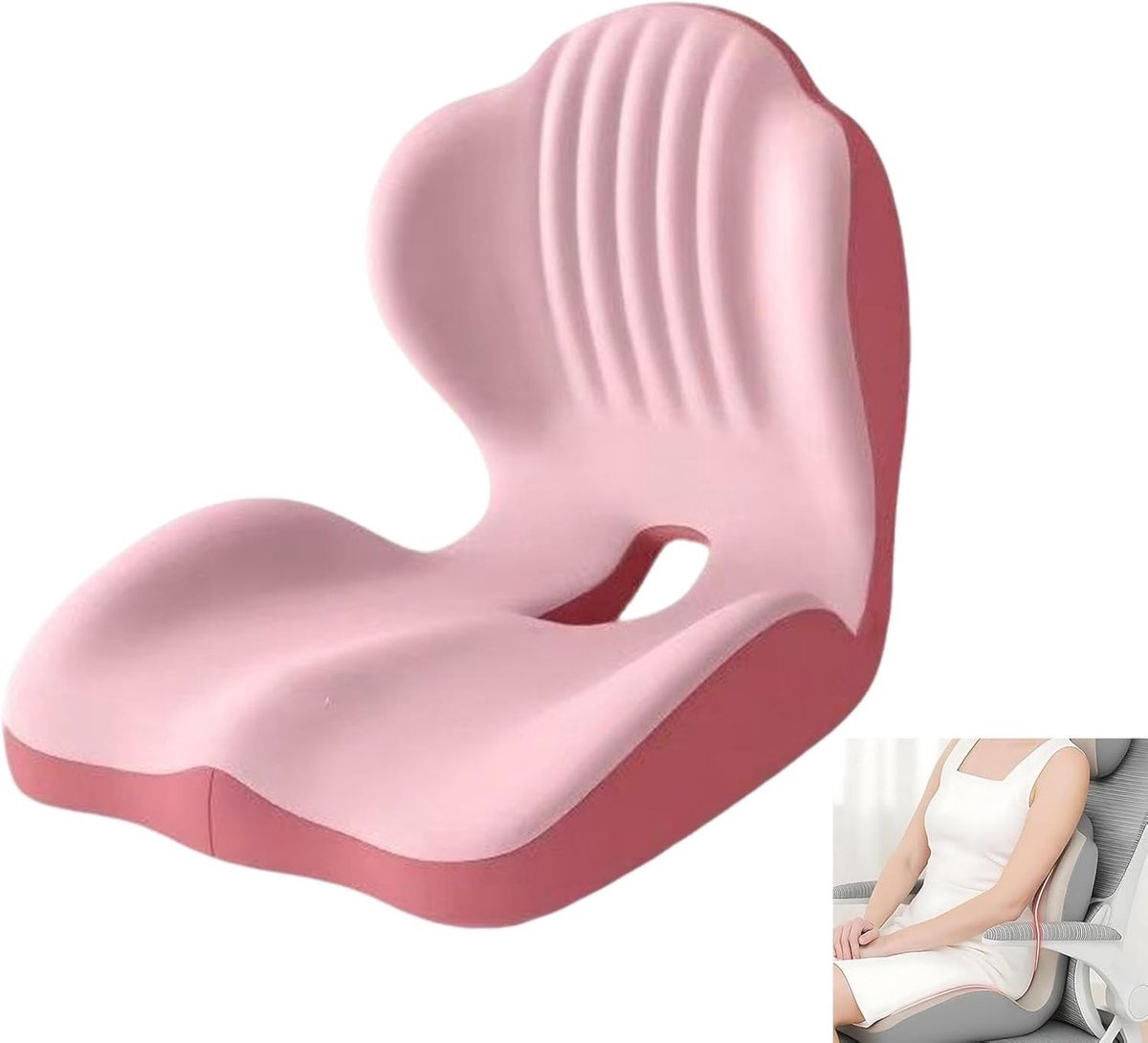 Zitkussen uit één stuk, gemaakt van traagschuim en L-vormig met lendensteun, orthopedisch bureaustoelkussen, ergonomische rugleuning en zitting, geschikt voor thuis, auto, rolstoel en bureaustoel (roze).