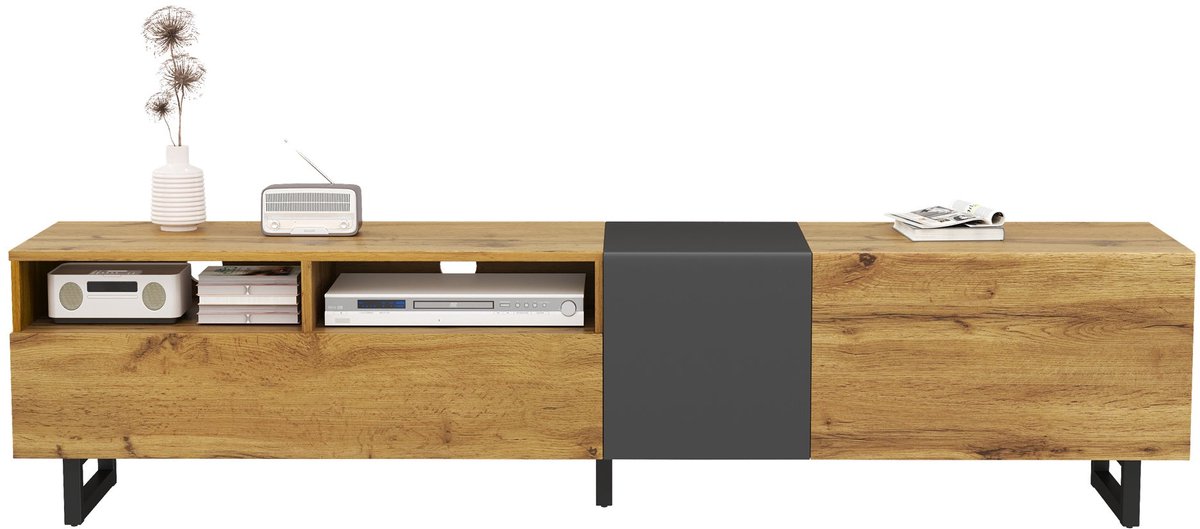 Merax TV Meubel 170 cm - TV Kast met 3 Deuren en 2 Open Vakken - U Vorm Metalen Poten - Houtlook en Donkergrijs - Kabeldoorvoer - Eenvoudige Montage