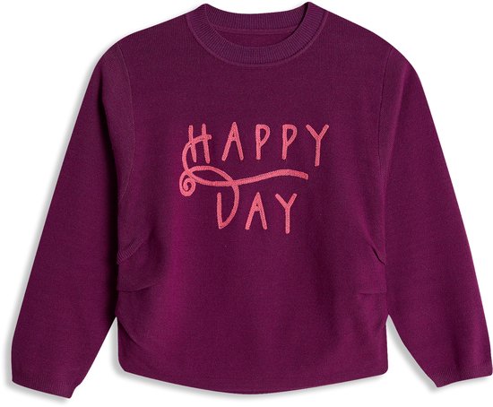 Pull violet avec le texte "HAPPY DAY" en lettres roses sur le devant.