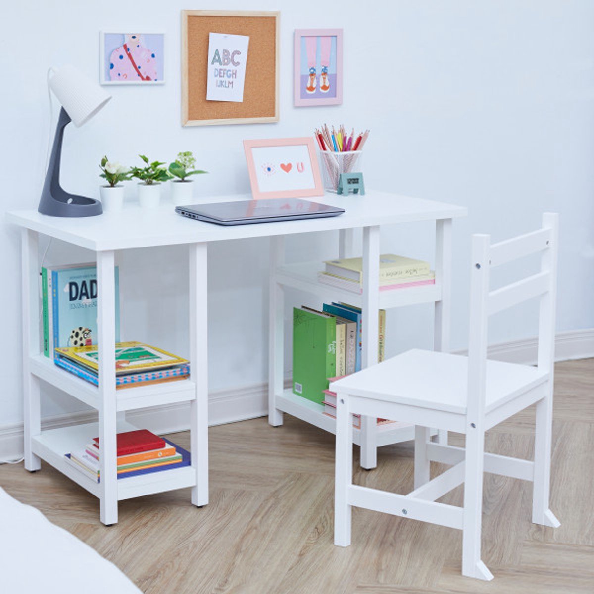 Teamson Kids Houten Bureau en Stoel Set met Planken - Wit - 101,6cm Breed