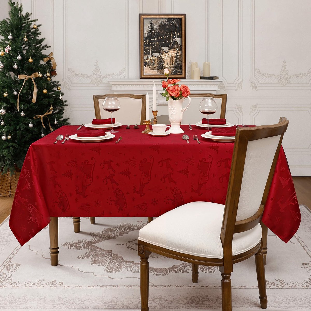 Unyqoos® Feestelijk rood tafelkleed met rendieren en kerstbomen voor kerstdecoratie