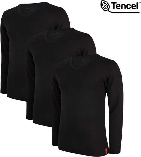Undiemeister T Shirt Heren - Lange Mouwen - 3-Pack - Volcano Ash (Zwart) - Mellowood Tencel - Ademend en Temperatuurregulatie - Slim Fit T-shirt - V-Hals - Maat XXL