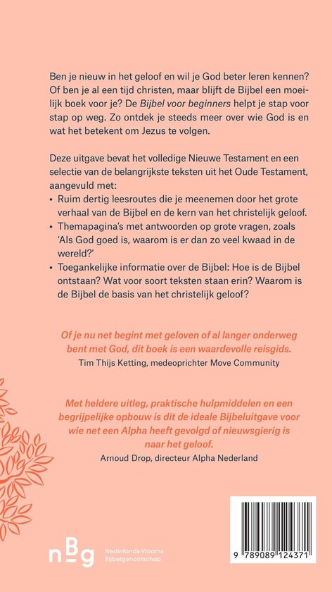 Boekomslag met de titel 'Bijbel voor beginners' en illustraties van een boom. Bevat tekst over het nieuwe testament en een gids voor geloofsreizen.