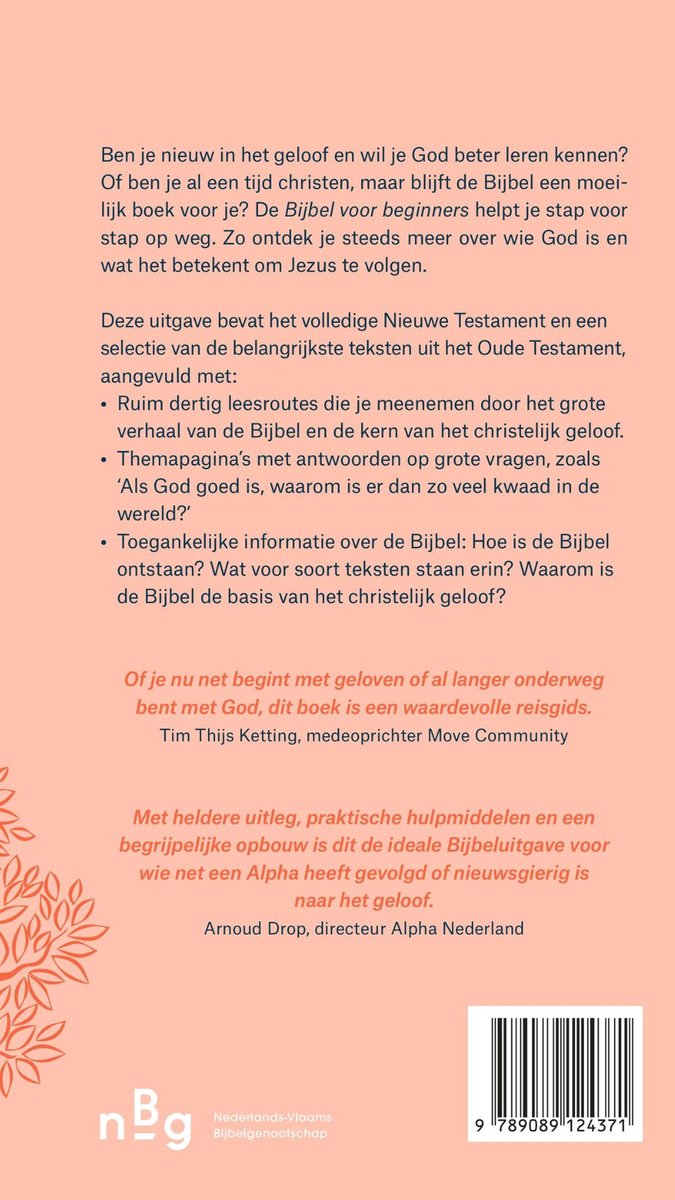 Boekomslag met de titel 'Bijbel voor beginners' en illustraties van een boom. Bevat tekst over het nieuwe testament en een gids voor geloofsreizen.