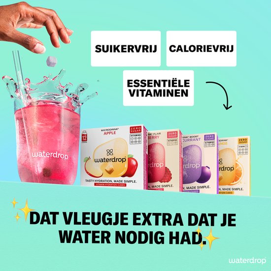 Waterdrop 'essentiële vitaminen' met suikervrije, calorievrije microdrinks in smaken apple, pink-berry, blackcurrant en orange.