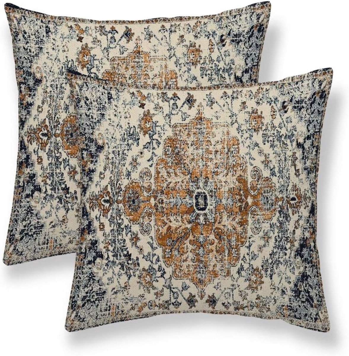 Set van 2 Boho Sierkussenslopen met Etnisch Tapijtpatroon - Goudblauw, Decoratief voor Binnen en Buiten