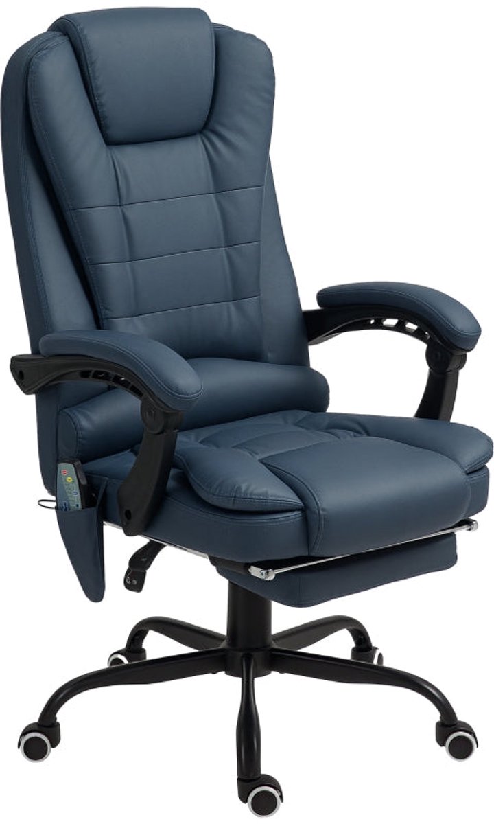 Merax – Massage Bureaustoel met 7 Trillingspunten – Verstelbare Rugleuning en Voetsteun – Lederlook – Blauwe Luxe Ergonomische Stoel