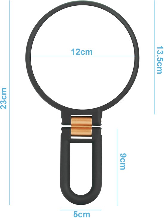 Afmetingen van de zwarte inklapbare spiegel met gouden scharnieren: 23cm hoog, 12cm breed.