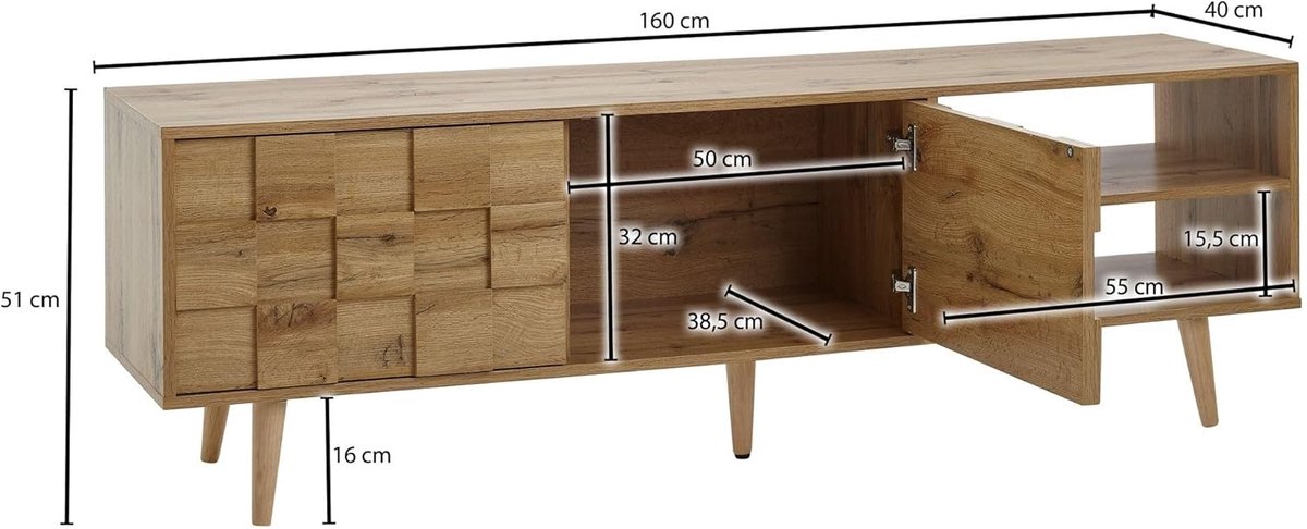 Modern Eiken TV-Commodes Lowboard 160 cm – Design TV-Kast met 2 Deuren, Open Planken & Tegelpatroon – Hoogwaardige TV-Meubel voor Woonkamer en Entertainment – Altameubel