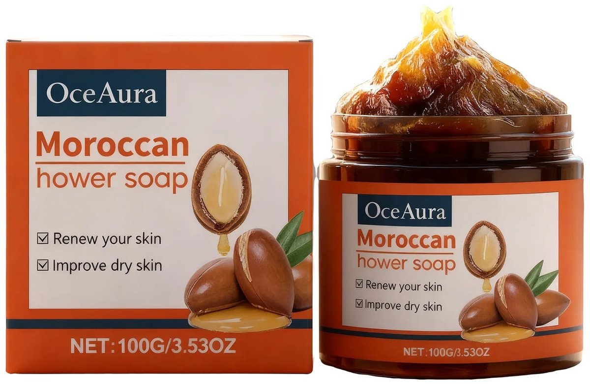 OceAura | Marokkaanse Zwarte Zeep | Argan Black Soap | Savon Noir | Beldi Zeep | Zwarte Zeep Exfoliërend | Ingroeide Haren Verwijderen | Aardbeienhuid | Lichaamsacne | Hammam Zeep | Natuurlijke Zeep | Arganolie Zeep | Scrub Zeep | Black Soap Morocco