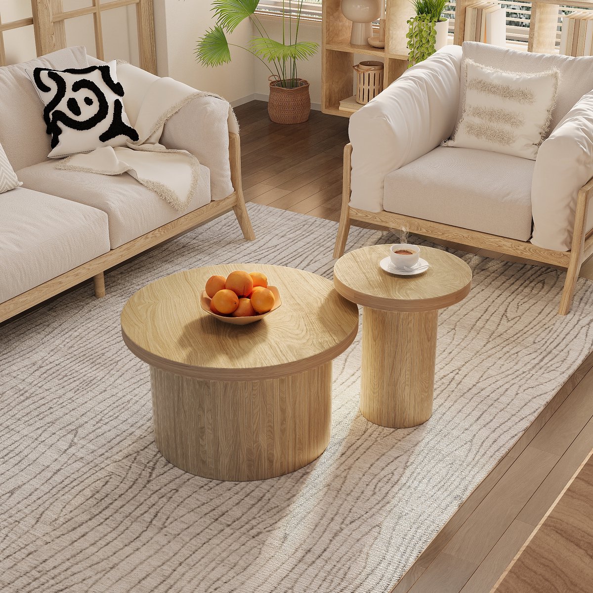 Wishdor Ronde salontafel set (2-delig) MDF — natuurlijk houten dessin, ruimtebesparend & modulair, Ø66×H40 / Ø40×H46 cm