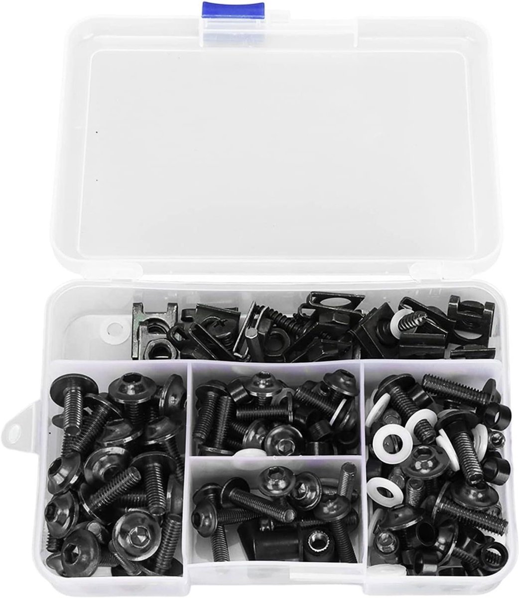 Provento - Motorfiets Kuipboutset 177-delig, M5 M6 Voorruitschroeven Bevestigingsmiddelen Kuipbouten Moerclipsset - Zwart - Universeel geschikt