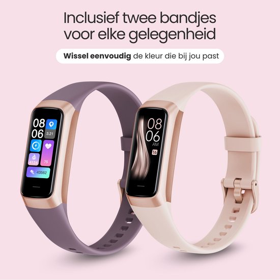 Twee activity trackers met verwisselbare bandjes: een lichtroze en een paars bandje. Beide met rosé gouden rand.