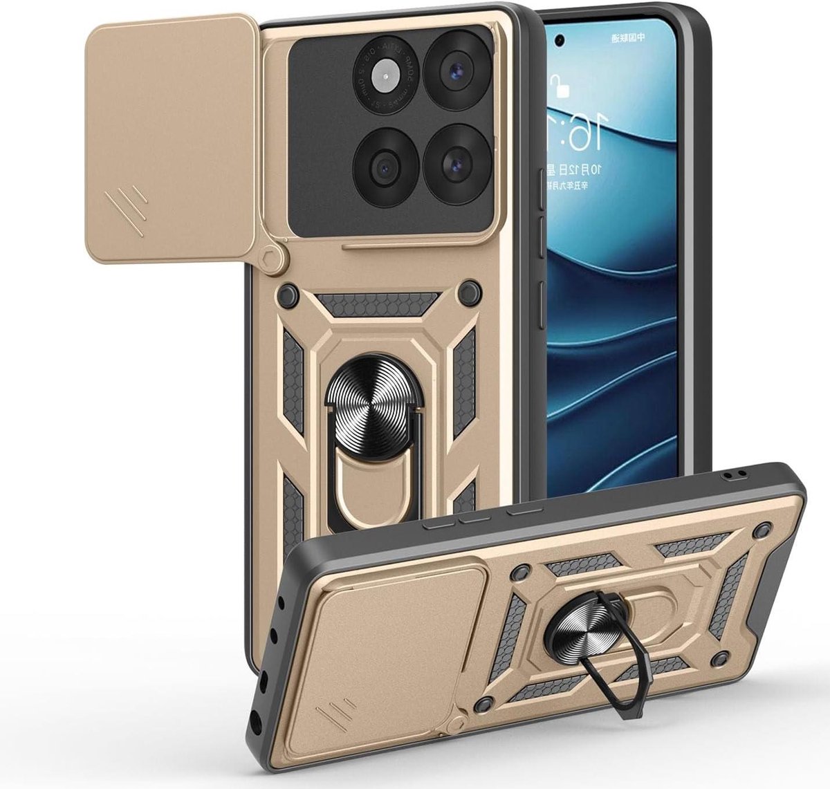 Provento - Schokbestendig Dubbel Hoesje voor Smartphone, Militaire Anti-Val-Hoesje met Magnetische Metalen Stand en Camera-afdekking - Goud
