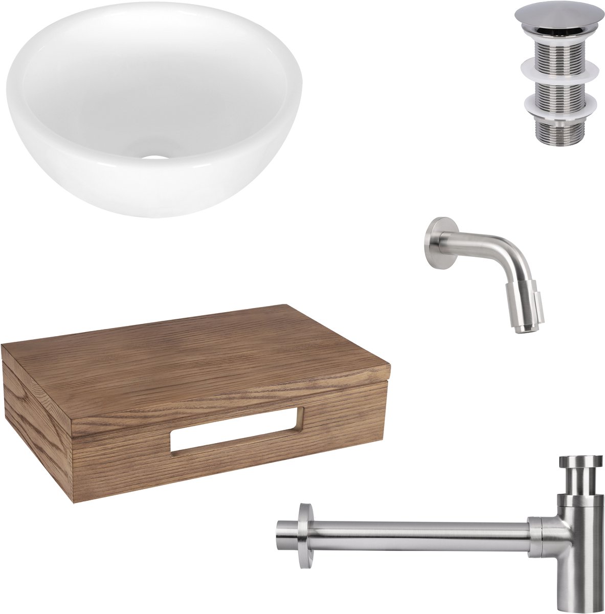 Differnz Ruz fonteinset - waskom keramiek wit - muurkraan 11 cm mat chroom - inclusief wastafelplank donker eiken
