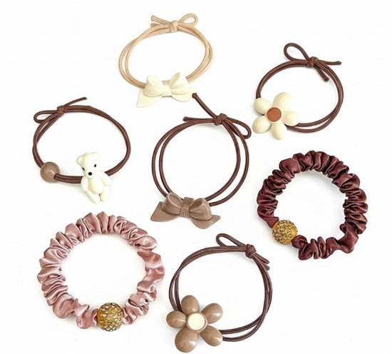 Set de 7 élastiques à cheveux avec détails nœud, fleur et ours – accessoires élastiques pour cheveux pour femmes et filles – mélange de brun et beige – élastiques scrunchie et à cordon