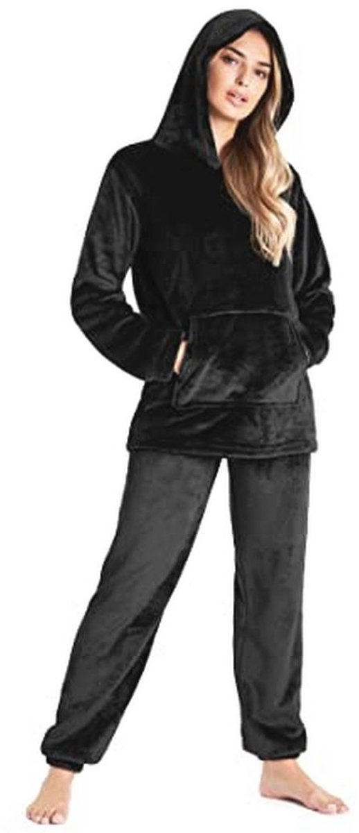 Damespyjama lang fleece loungewear zwart