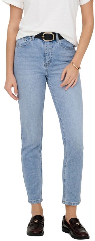 Blauwe denim jeans met rechte pijpen, hoge taille en riem met gouden gesp.
