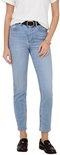 Blauwe denim jeans met rechte pijpen, hoge taille en riem met gouden gesp.