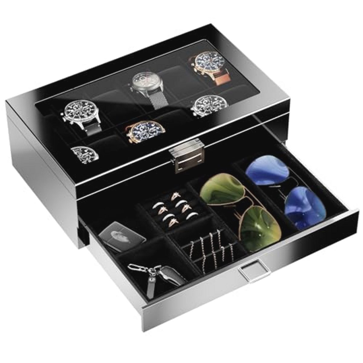 Houten Horlogendoos met 12 Compartimenten voor Horloges en Zonnebrillen - 2-laags Sieradenbox met Glazen Deksel - Zwarte Herenhorlogedoos
