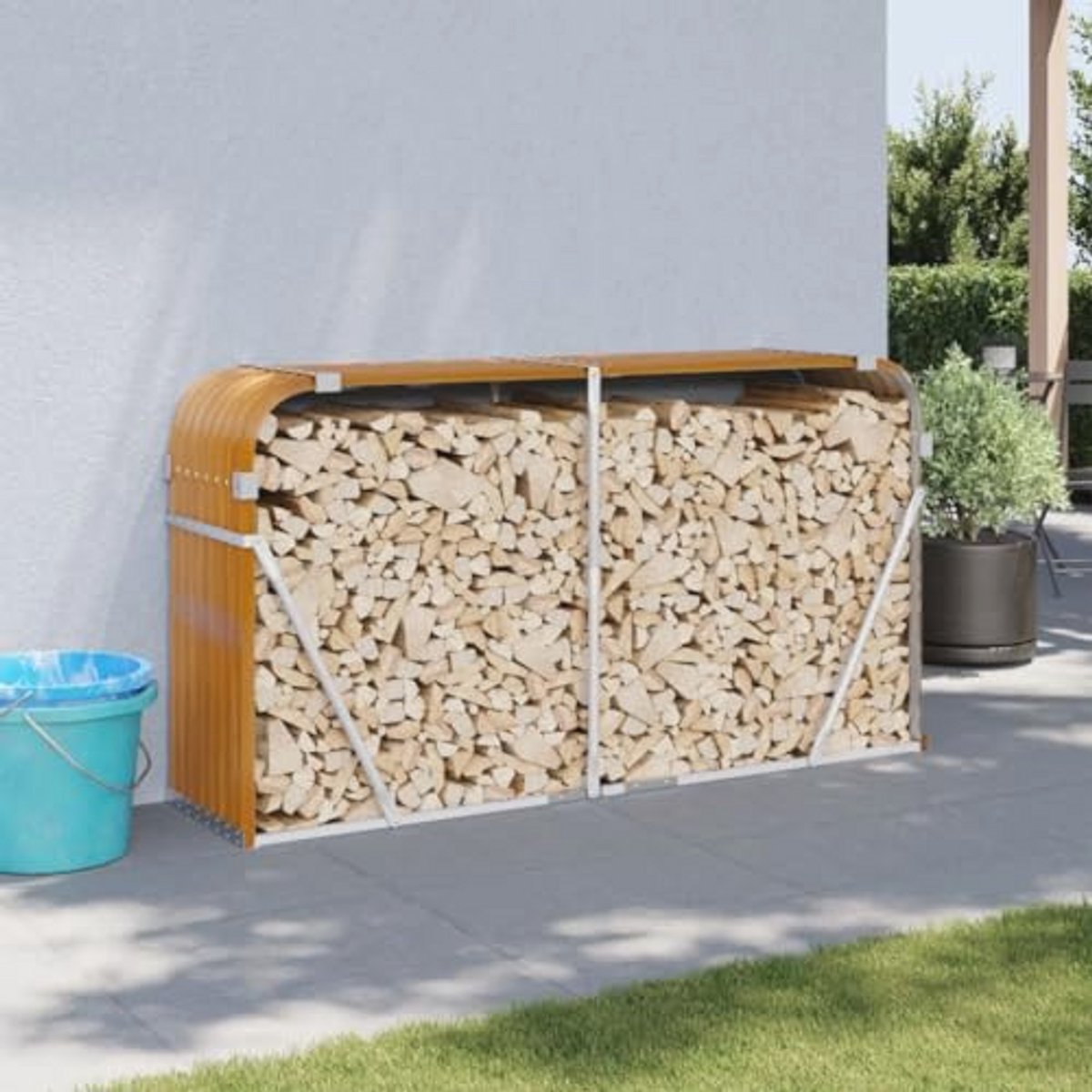 Houtopslag Voor Buitengebruik met Stalen Deksel en Houten Plank - 180 x 45 x 100 cm