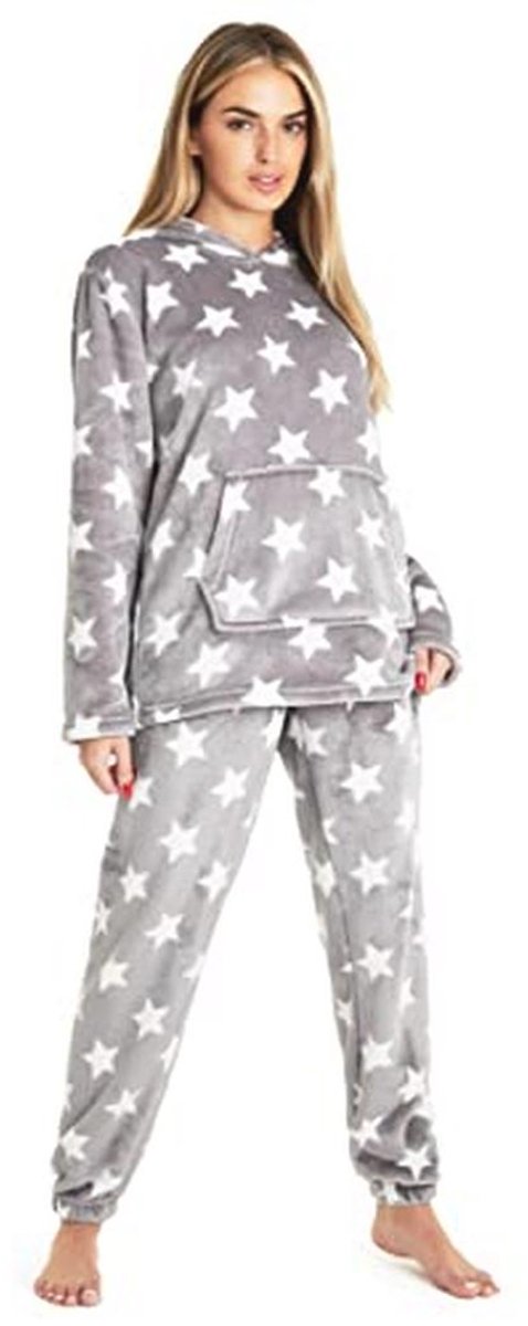 Fleece Pyjama met Capuchon voor Dames en Tieners - Gezellige Loungewear Set in Grijze Ster - Comfortabele Pluizige Pyjama's