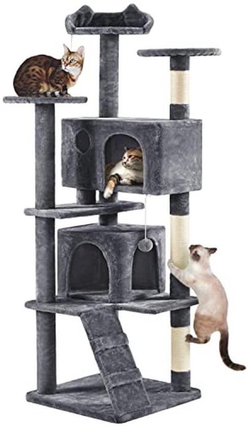 Yaheetech Kattenboom – 170 Cm XL – Met 2 Platformen, 2 Holtes, Hangmat, Ligmand En 7 Sisalstammen – Donkergrijs