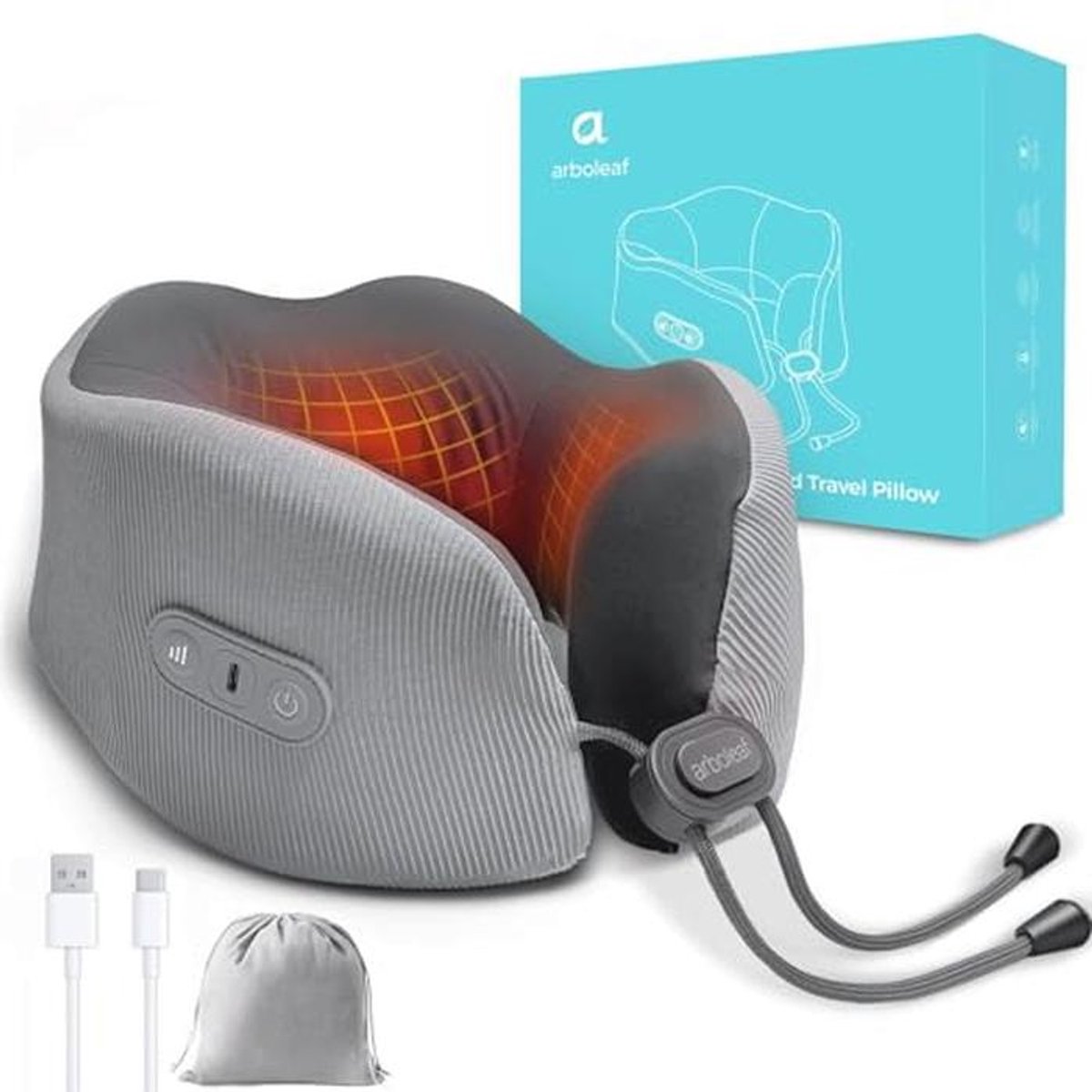 Verwarmd Nekkussen met Geheugenschuim voor Reis, 360° Ergonomie, USB-C Oplaadbaar voor Kantoor, Ideaal tegen Nekpijn, Inclusief Opbergtas Grijs