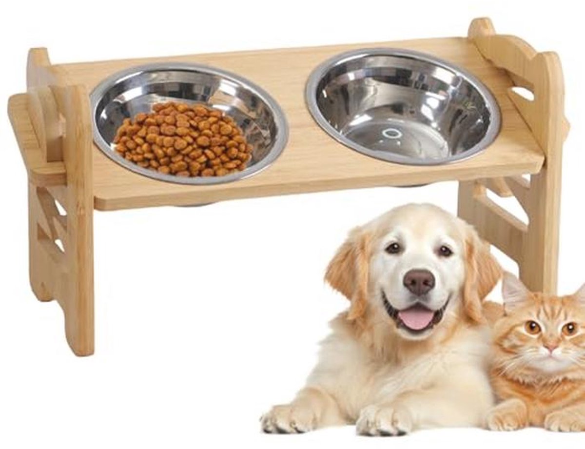 Verhoogde Voederbak voor Honden en Katten - Instelbare Houten Stand met Roestvrijstalen Bakken