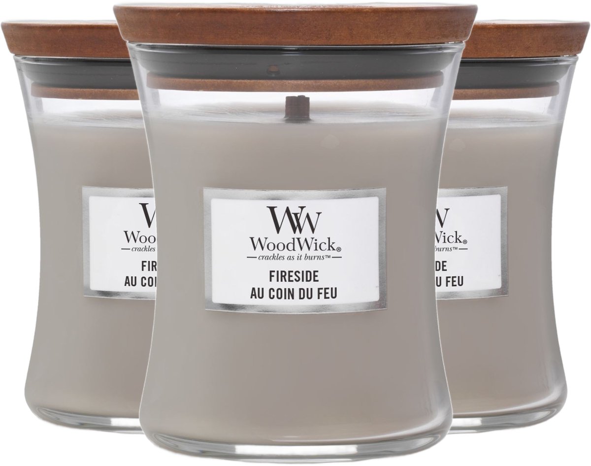 Woodwick geurkaarsen Fireside - Set van 3x medium - Afmetingen: B:9,8 x H: 11,43 cm - Aant