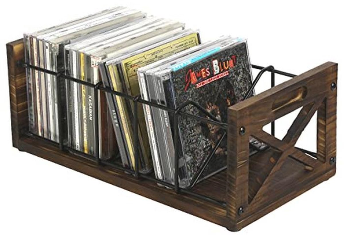 Vijfslots CD/DVD Opberghouder met Handvatten - Rustieke Houten en Stalen CD/DVD Rack