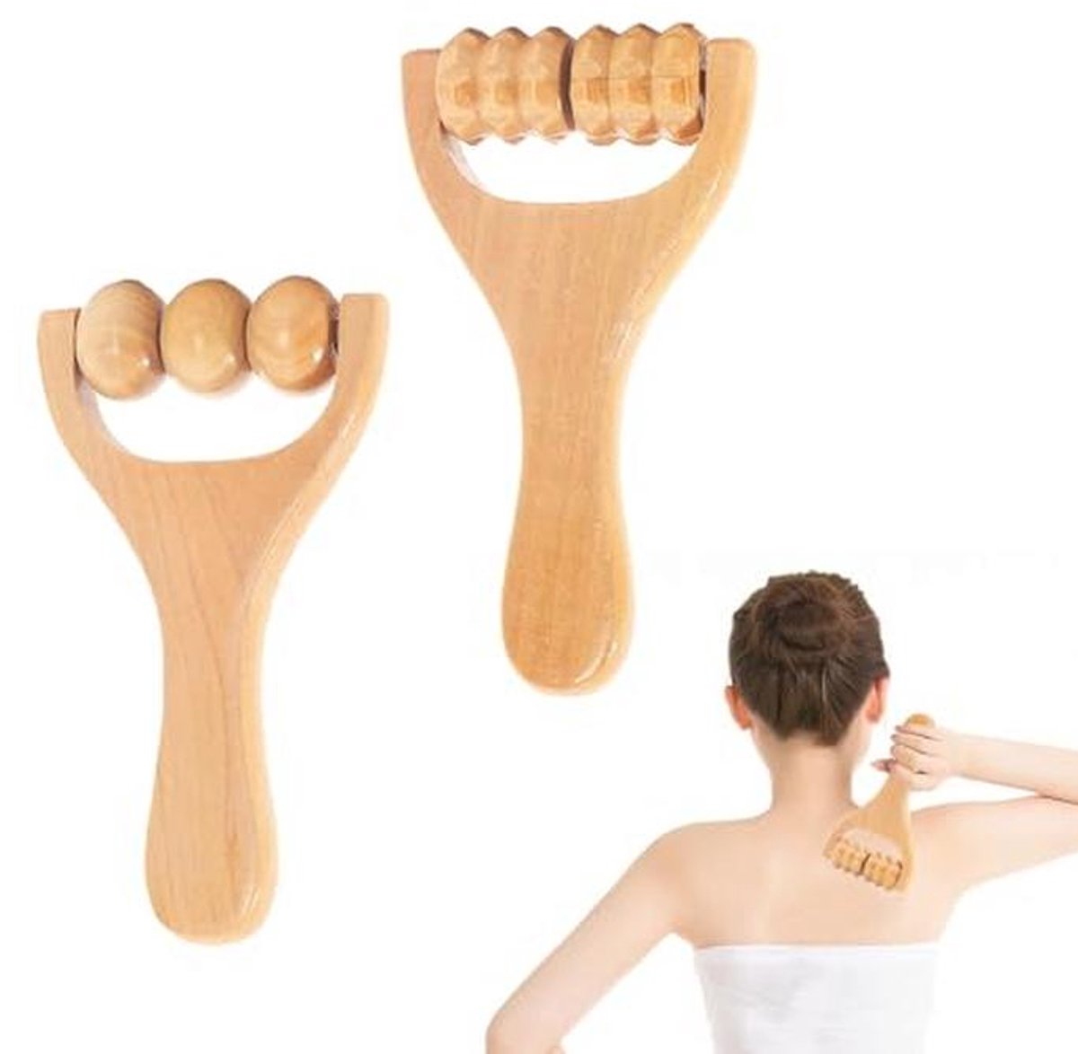 Houten Massageroller met Handvat - 2 Stuks voor Ontspanning van Lichaam en Gezicht