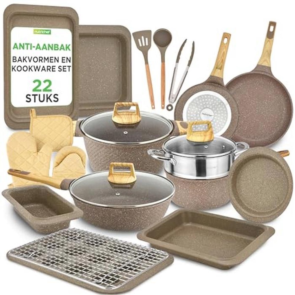 Set van 22 Professionele Keukentools en Bakgerei - Zwart Marmer Anti-aanbak
