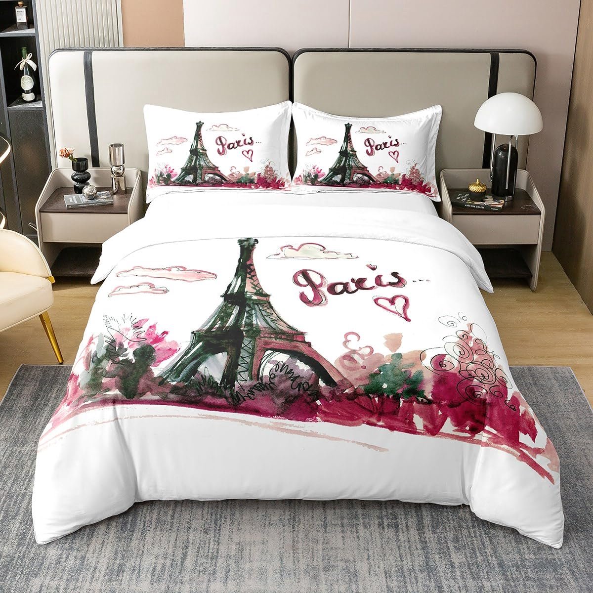 Ibenzoa Dekbedovertrekset met Eiffeltoren en Roze Bloemen voor Romantische Sfeer 135 x 200 cm Wit