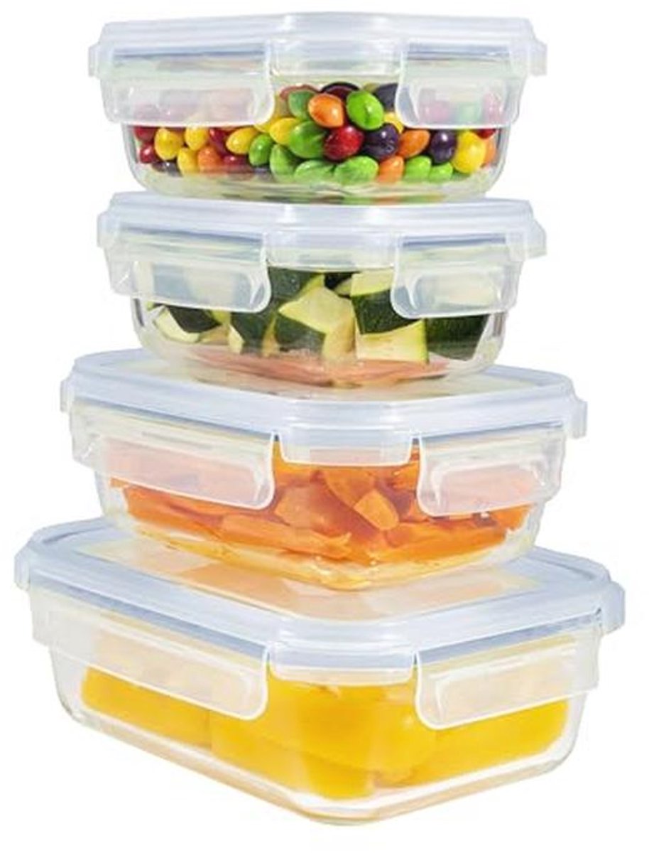 Glazen Voedselcontainers - Rectangulaire Maaltijd Prep Containers met Deksel - Ruimtebesparende Glasopslag voor Magnetron en Vriezer (Set van 4, Blauw)
