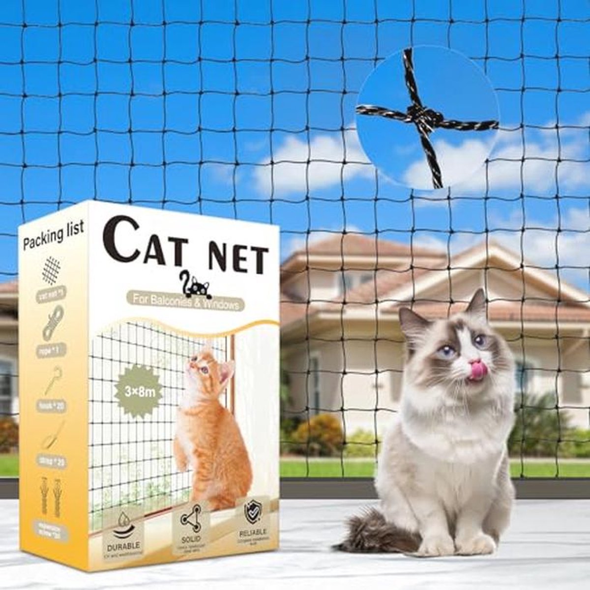 Kattennet voor Balkon 3x8m - Versterkt en Weerbestendig Voor Veiligheid van Katten en Dieren