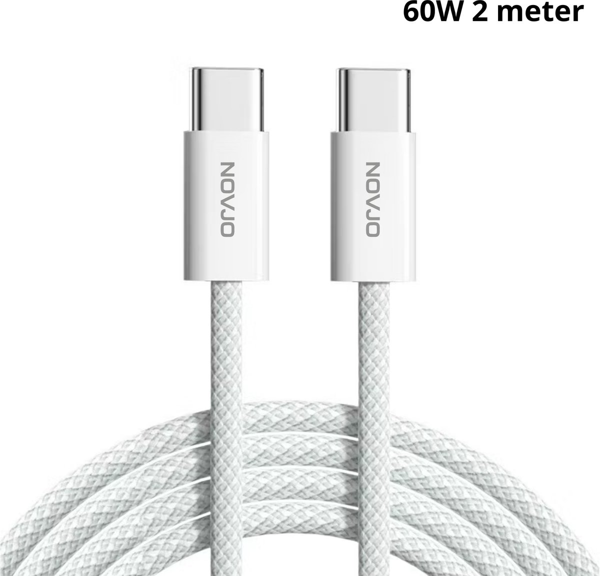 NOVJO® 60W USB-C naar USB-C Kabel – 2 meter – Wit – iPhone 15 t/m iPhone 17 – 3A Fast Charging – Nylon Gevlochten