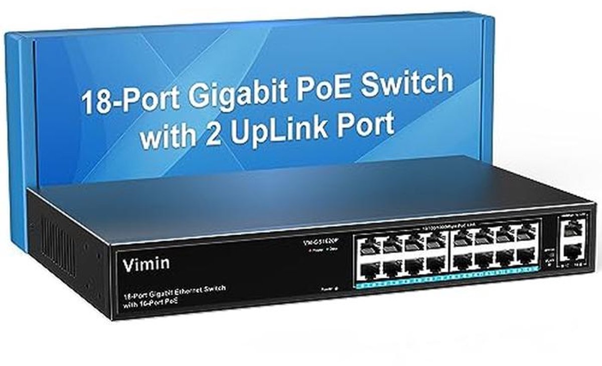 16-poorts Gigabit PoE Switch met 250W vermogen en Uplink poorten