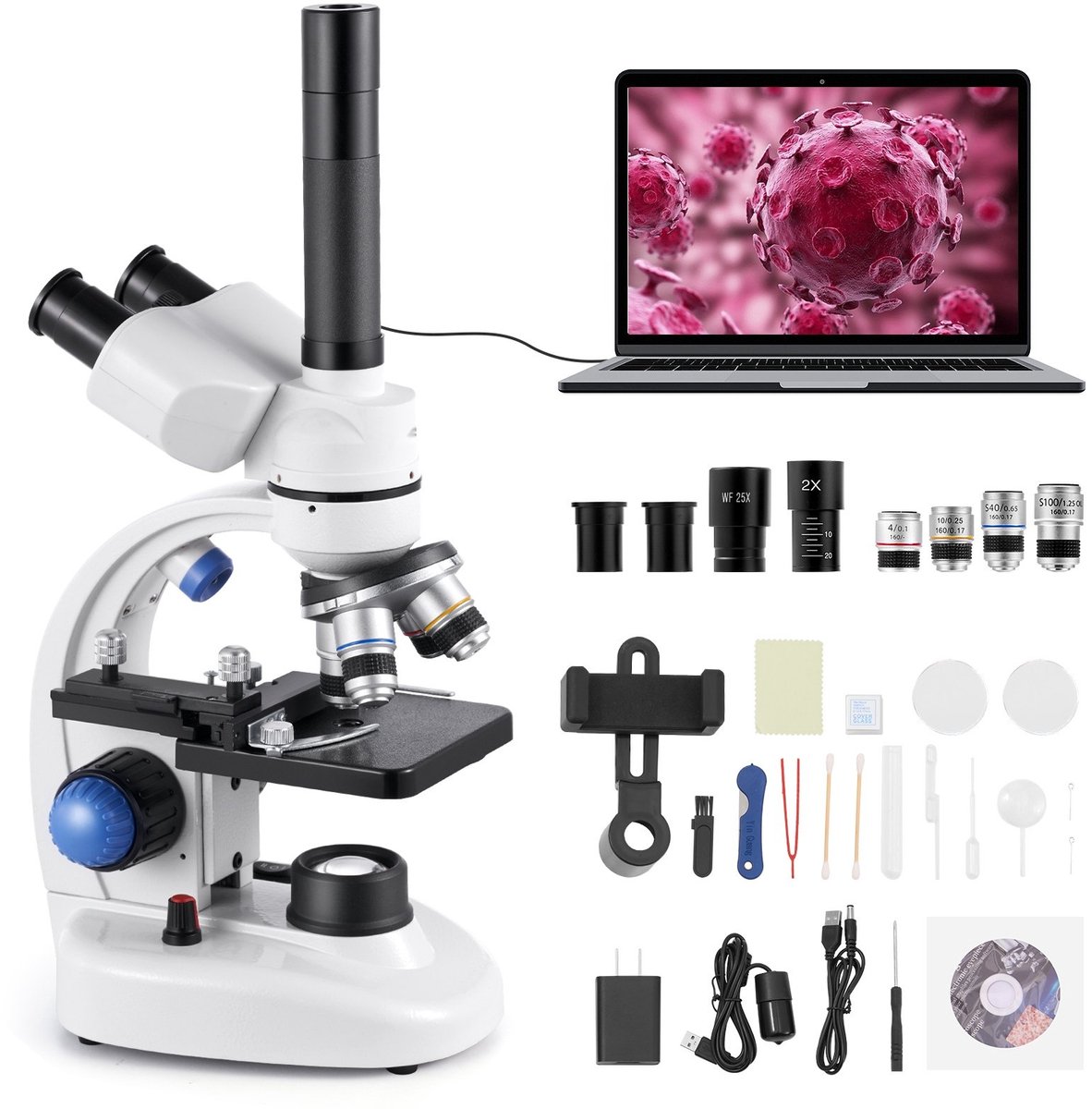 Trinoculaire microscoop - Professionele samengestelde set - Vergroting 40x-5000x - Behuizing van aluminiumlegering - LED-verlichting - Smartphonehouder