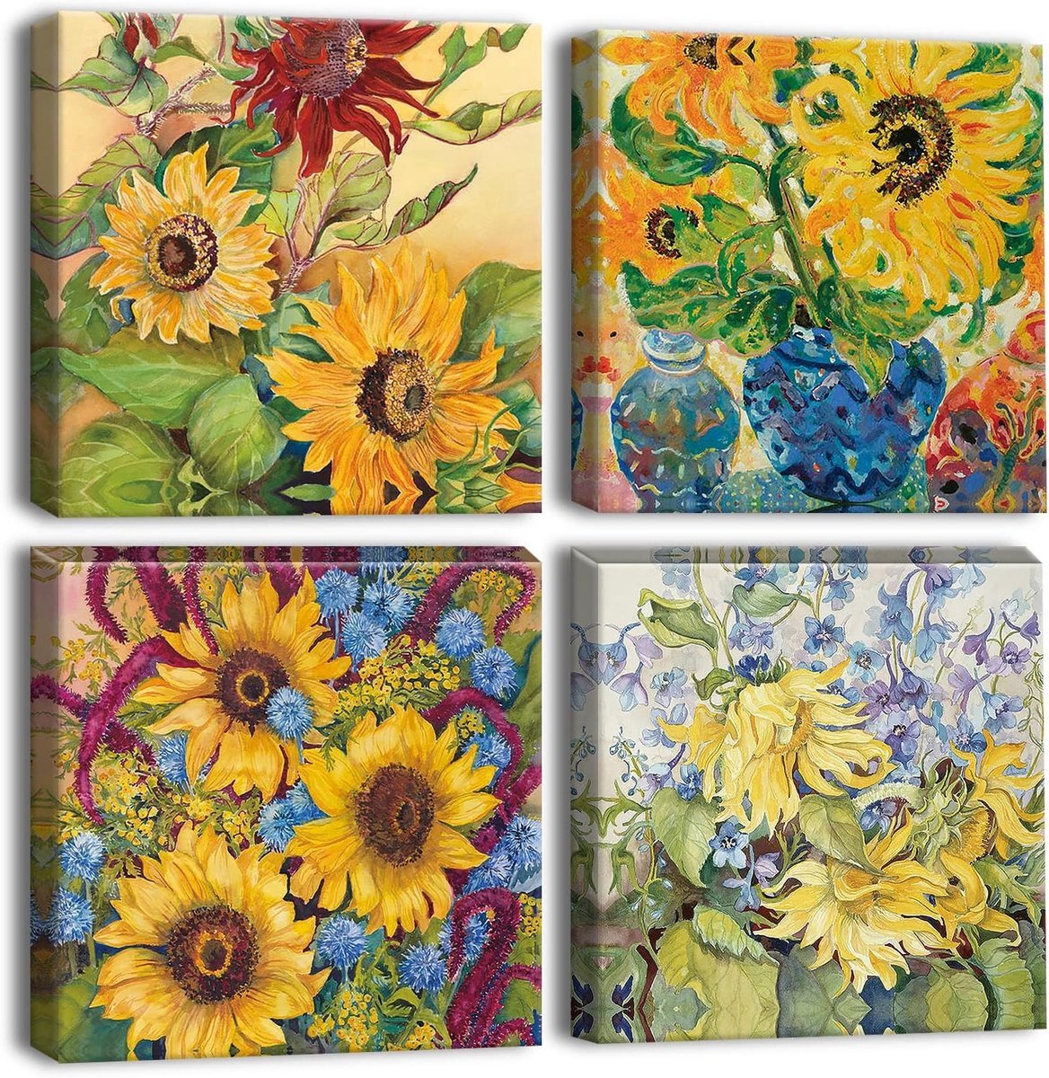 Stunq® Set van Vier Abstracte Zonnebloem Canvas Prints - Modern Kunst voor Woonkamer en Slaapkamer